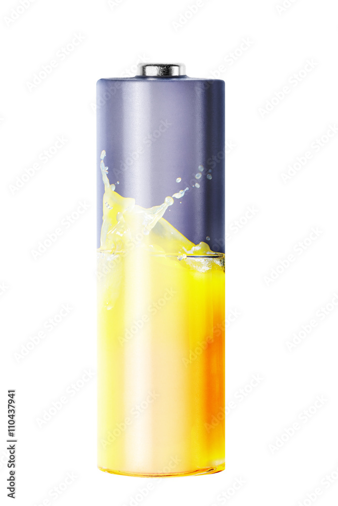 Battery and orange juice with splash, isolated on white Battery and orange juice with splash, isolated on white