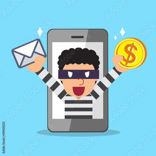 Cartoon thief stealing mail and money from smartphone