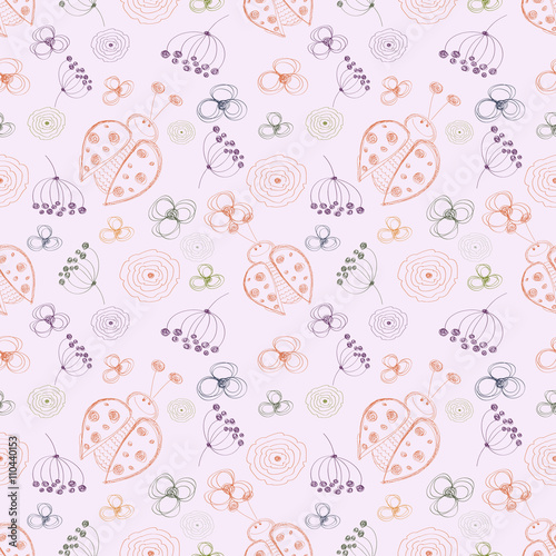 Seamless vector pattern with insects. Cute hand drawn background with ladybugs and flowers. Series of Cartoon, Doodle, Sketch Seamless Patterns.