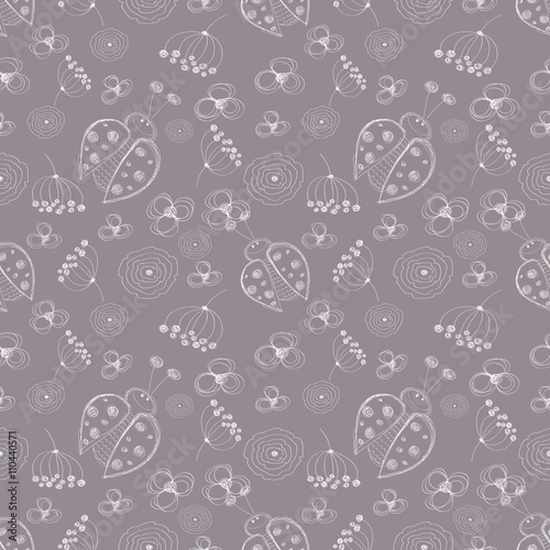 Seamless vector pattern with insects. Cute hand drawn background with ladybugs and flowers on the dark grey backdrop. Series of Cartoon, Doodle, Sketch Seamless Patterns.