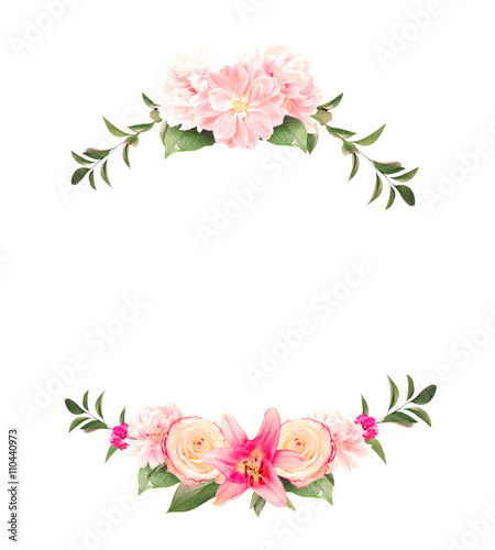 Fototapeta Naklejka Na Ścianę i Meble -  Frame Made from Summer Pink Flowers and Green Leaves Isolated on