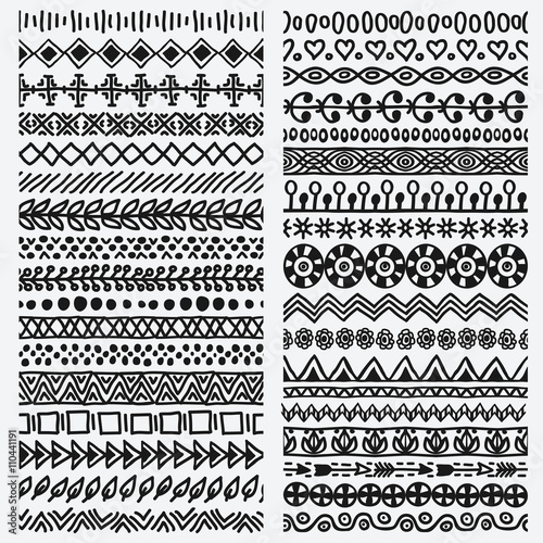 Hand drawn seamless ethnic line border set
