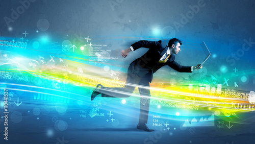 Business man running in high tech wave concept