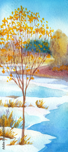 Fotografija Stream in forest valley winter day. Watercolour landscape