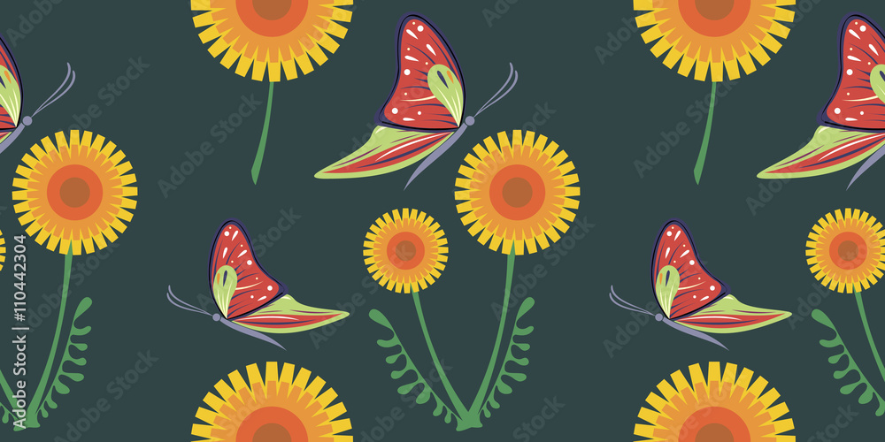 Seamless vector bright pattern with orange dandelions and red butterflies on the dark background. Seamless vector bright pattern with orange dandelions and red butterflies on the dark background.