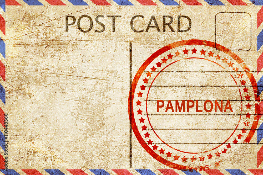 Pamplona, vintage postcard with a rough rubber stamp