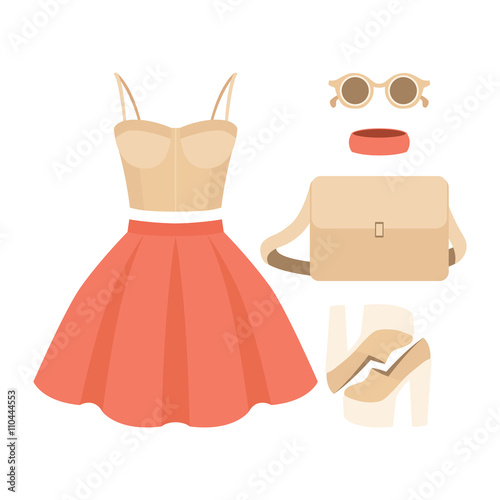 Set of trendy women's clothes with skirt, bustiers top and accessories. Vector illustration