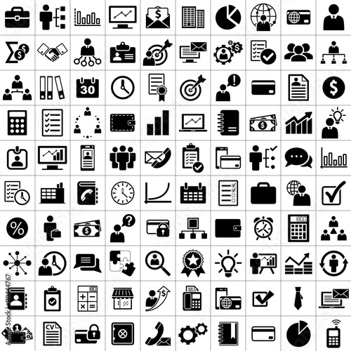 100 business icon set black on white background