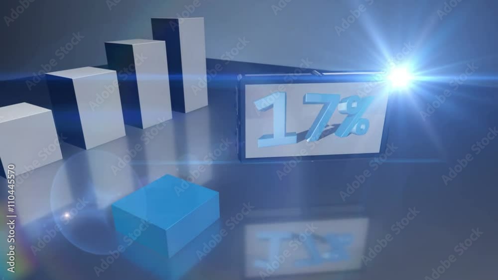 Growing blue 3D bar diagram counting up to 67% with a screen showing the numbers Growing blue 3D bar diagram counting up to 67% with a screen showing the numbers