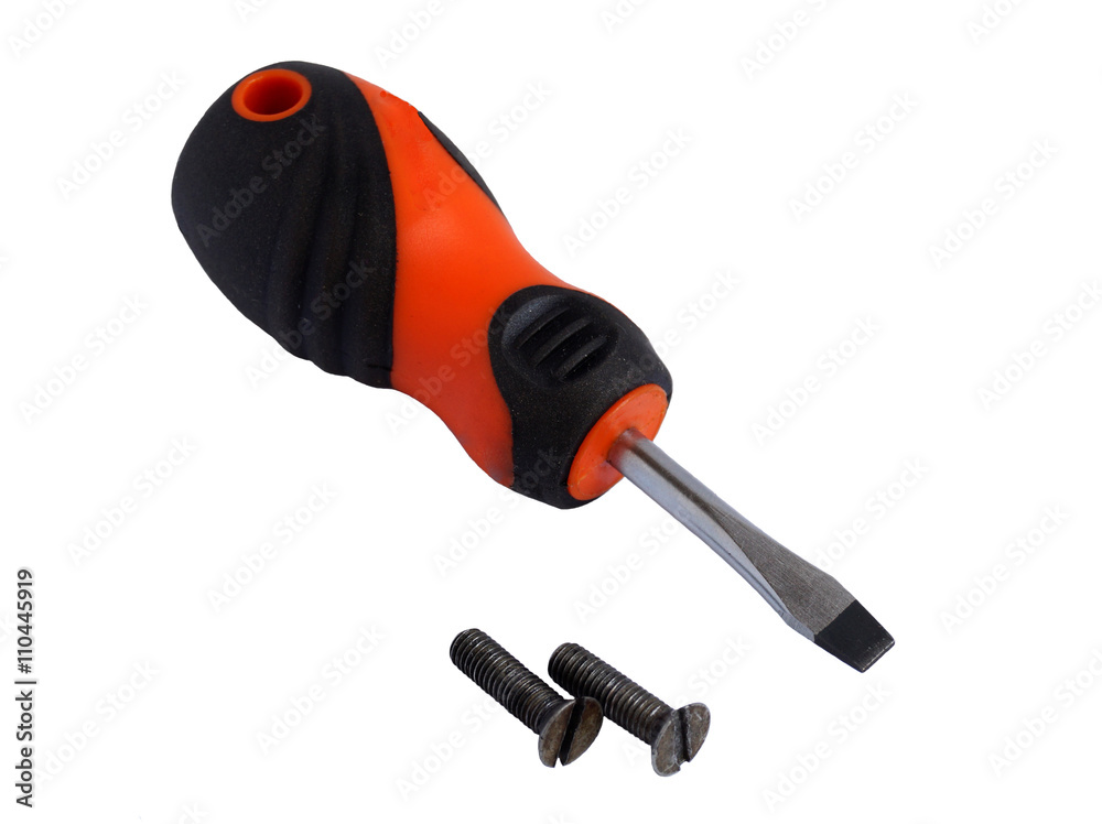 Screwdriver and two screws with slotted and flat head Screwdriver and two screws with slotted and flat head