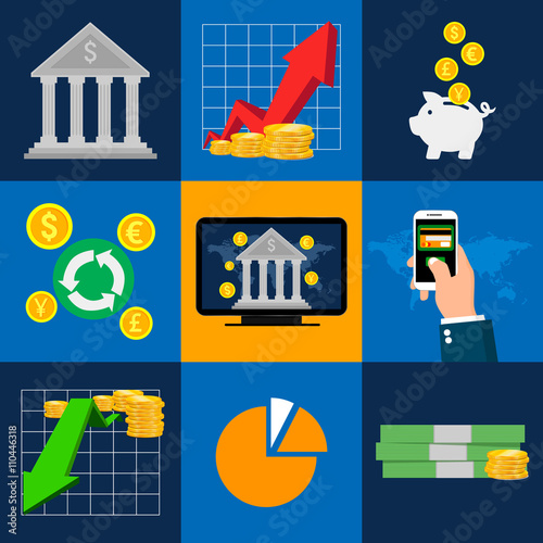 Banking icons set with isolated. Concepts of online payment methods. Icons for online payment gataway, mobile payments, electronic funds transfers and bank wire transfer. Vector illustrator. photo