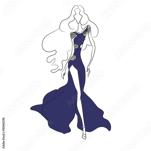 Vector fashion sketch. Beautiful model walking on runway in long blue dress with high cut and transparent chiffon insets. Skinny body silhouette, long hair, high heels. Haute couture fashion show