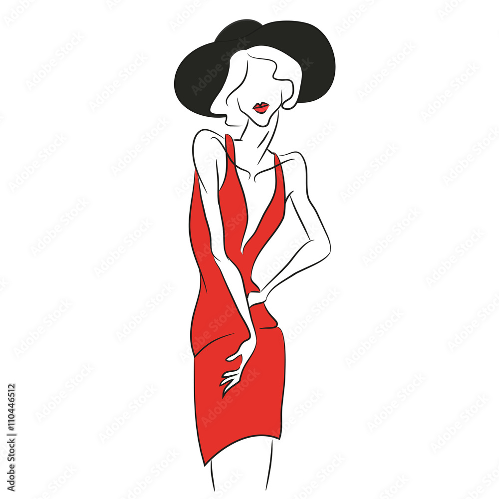 Vector fashion sketch. Beautiful model posing at photoshoot in short v-shaped red dress. Skinny body silhouette, black hat, soft red lips. Haute couture fashion show. Fashion magazine photoshooting Vector fashion sketch. Beautiful model posing at photoshoot in short v-shaped red dress. Skinny body silhouette, black hat, soft red lips. Haute couture fashion show. Fashion magazine photoshooting