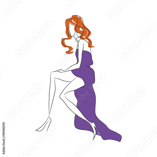 Vector fashion sketch. Beautiful model posing at fashion magazine photoshooting sitting in long blue dress with high cut, high heels classic shoes and long legs. Skinny body silhouette. Haute couture