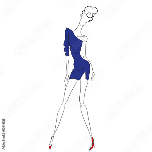 Vector fashion sketch. Beautiful model posing at photoshoot in short one-shoulder one-sleeve blue dress with cut. Skinny body silhouette, high heels, designer clothing. Haute couture fashion show