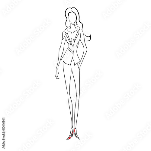 Vector fashion sketch. Beautiful model walking on runway in business style suit with v-shaped decollete and narrow trousers, classic red shoes. Skinny body silhouette. Haute couture fashion show