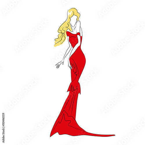 Vector fashion sketch. Beautiful  blonde model standing in long red dress with train, ruffles. Skinny body silhouette isolated on white background, broken doll posture. Haute couture fashion show