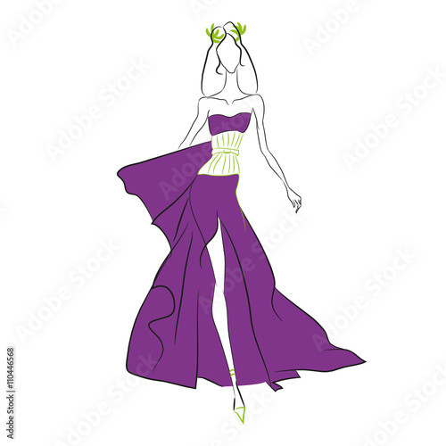 Vector fashion sketch. Beautiful model walking on runway in long purple dress with high cut and tight olive corset, laurel wreath. Skinny body silhouette, long hair. Haute couture fashion show