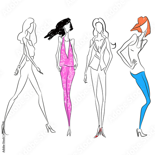 Vector fashion line sketch. Set of vector icons. Models posing at fashion magazine photoshooting or walking runway in official business style or casual style. Skinny body silhouette, couture shoes
