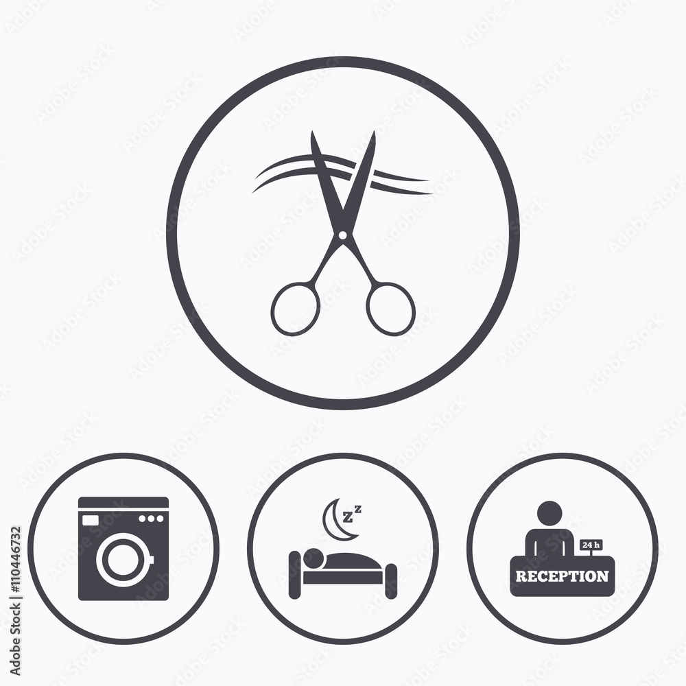 Hotel services icon. Washing machine, hairdresser. Hotel services icon. Washing machine, hairdresser.