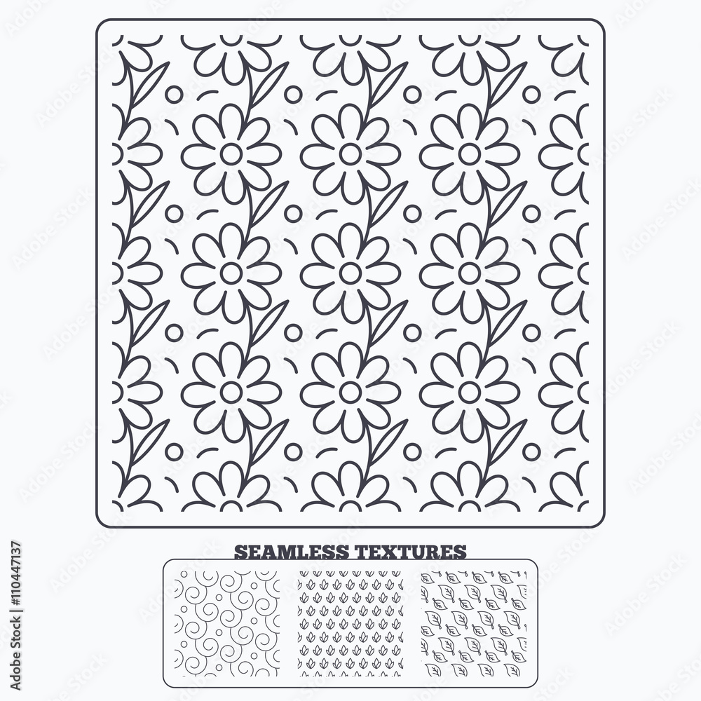 Flower, leaves and floral seamless textures.
