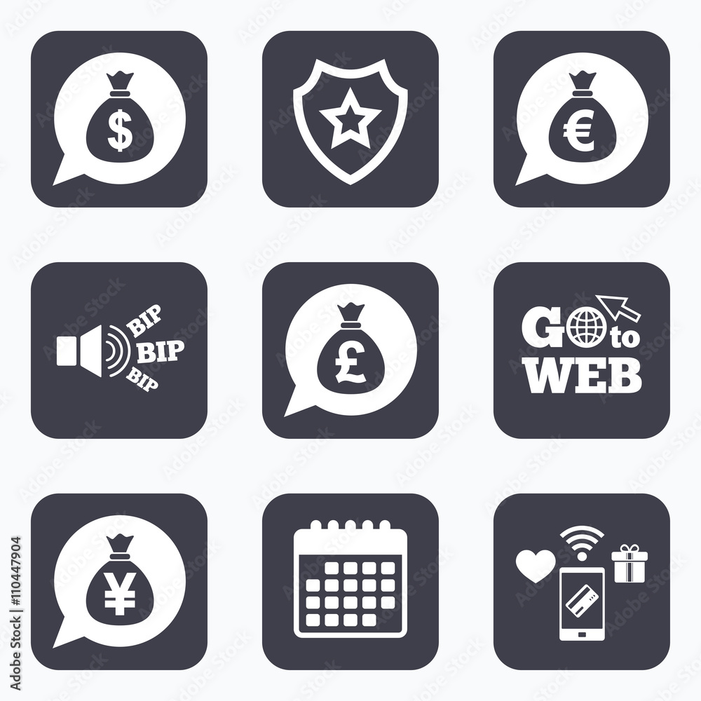 Money bag icons. Dollar, Euro, Pound and Yen. Money bag icons. Dollar, Euro, Pound and Yen.