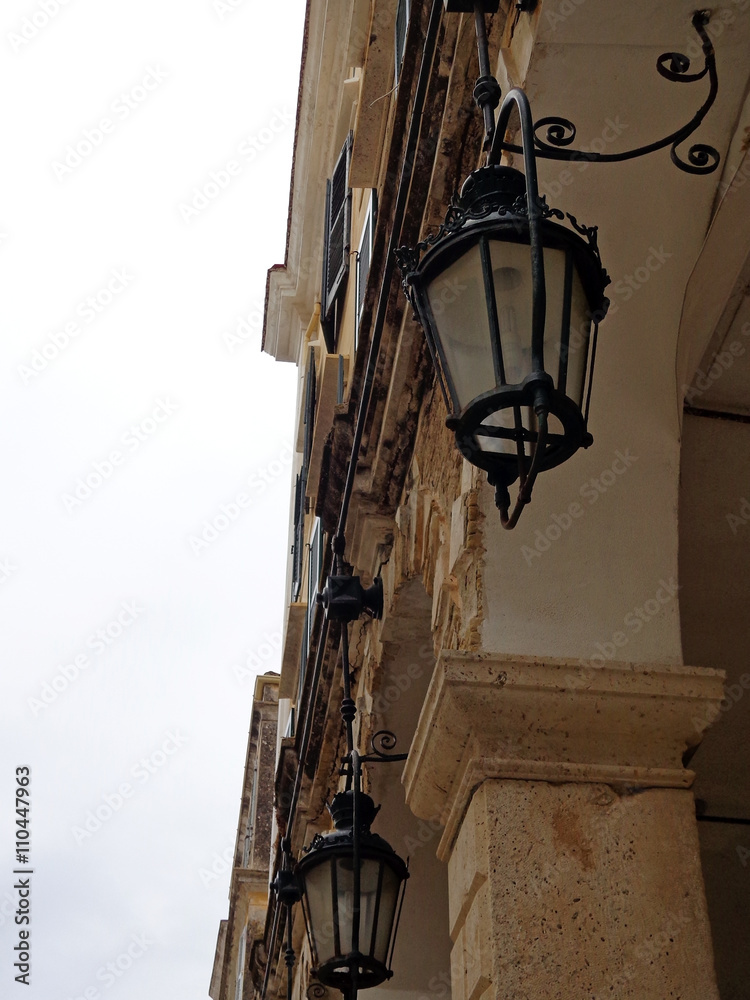 Lanterns on the wall of the building