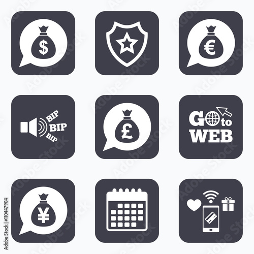 Money bag icons. Dollar, Euro, Pound and Yen.