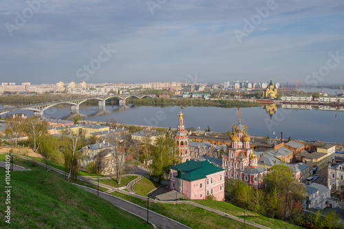 Nizhny Novgorod. City View, Kanavinsky bridge Stroganov church and on the Oka River in the estuary of the Volga to the walking area on the slope May morning
