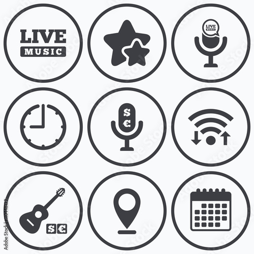 Musical elements icon. Microphone, Live music. © blankstock