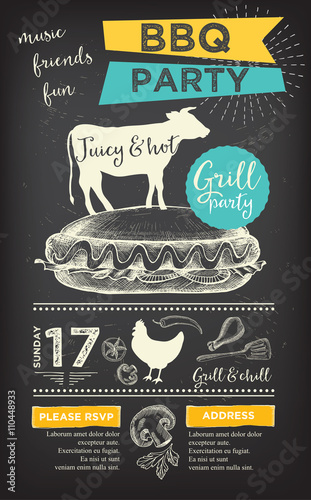 Barbecue party invitation. BBQ template menu design. Food flyer.