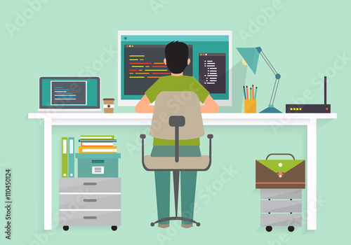 Programmer working writing code at his desk with multiple displays.Programmer concept, Flat style modern vector illustration