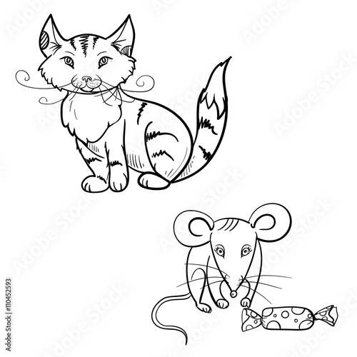 hand drawn vector children's coloring book of cat, mouse with candy. vector eps 10 photo