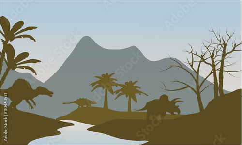 Silhouette of dinosaur in riverbank