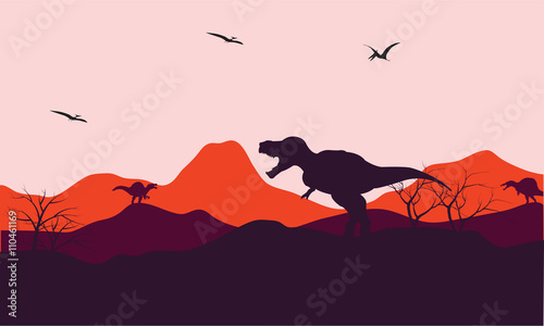 Silhouette of one T-Rex in hill