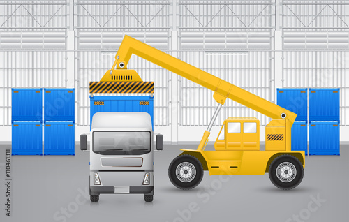 Vector of reach stacker to lifting, handler, handling or load cargo container at interior of warehouse, terminal for logistic, shipping, shipment and delivery. Freight transport distribution industry.