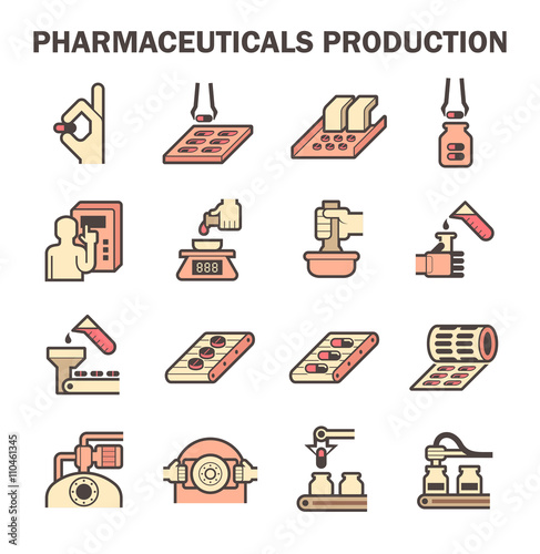 Pharmaceutical and supplement manufacture industry vector icon. Include capsule pill tablet drug or medicine, filling bottle package, operator, computer,  robot, automated machine and production line.