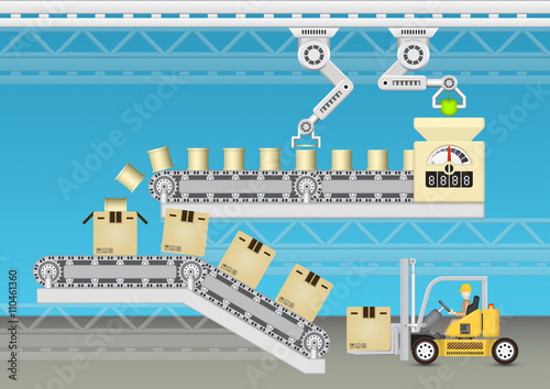 Manufacturing production or food process industry consist of box, fresh fruit and automated machine i.e. conveyor belt, production line and robot. Include operator, forklift. Vector illustration.
