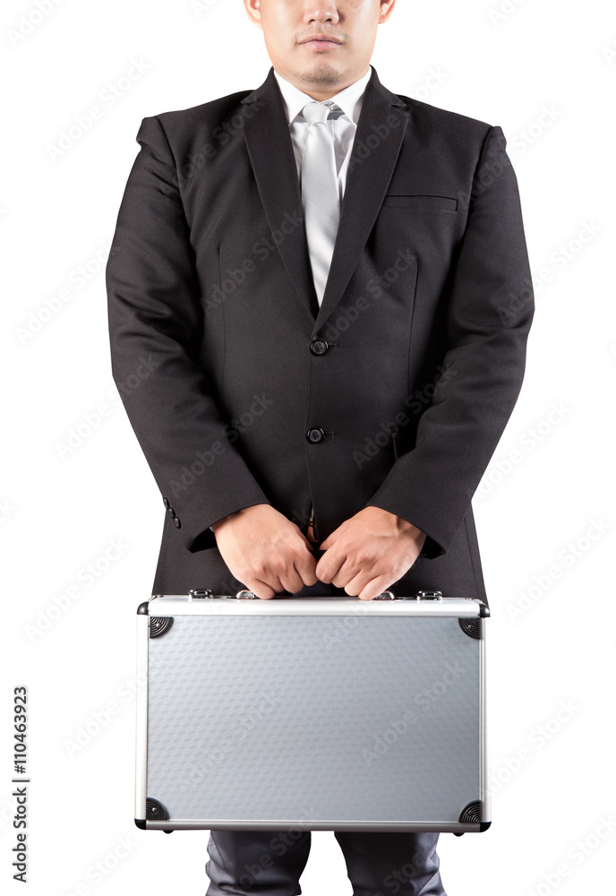 young business man holding strong metal briefcase in hand isolat young business man holding strong metal briefcase in hand isolat