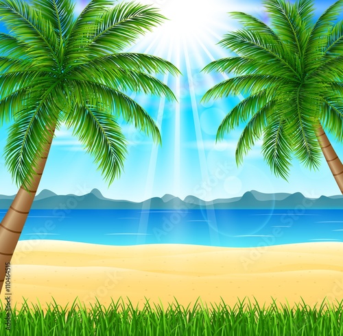 Fototapeta Naklejka Na Ścianę i Meble -  Tropical beach with bright sun and palm trees