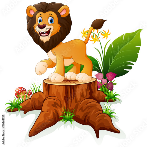 Cartoon lion on tree stump