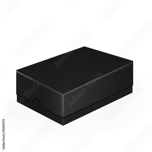 VECTOR PACKAGING: Black closed mobile phone or shoe box on isolated white background. Mock-up template ready for design.