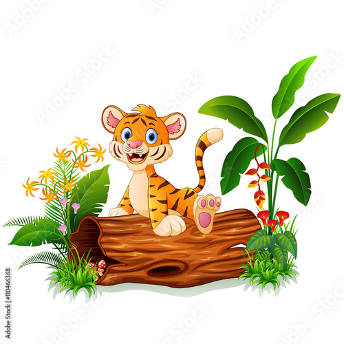 Fototapeta Naklejka Na Ścianę i Meble -  Cartoon tiger sitting on tree trunk
