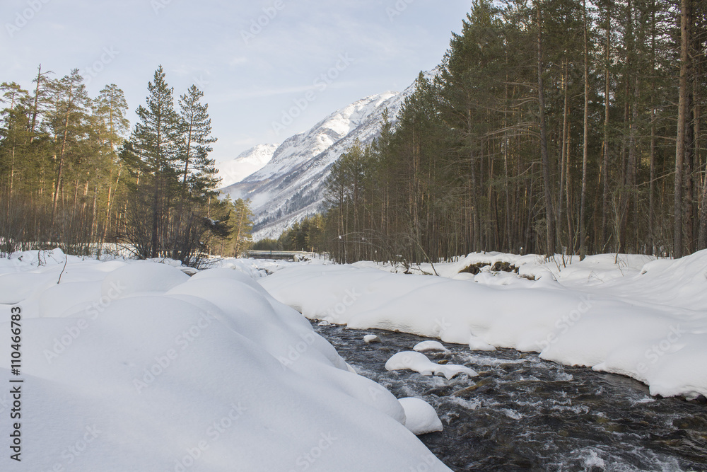 Winter mountain river. Mountain River. Snow capped mountains and rivers near Mount Elbrus. Mountain stream. Winter mountain river. Mountain River. Snow capped mountains and rivers near Mount Elbrus. Mountain stream.