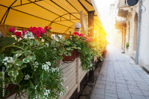 Fototapeta Naklejka Na Ścianę i Meble -  Street cafe terrace with tables and flowers