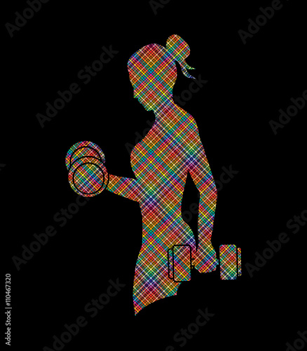 Woman exercises with dumbbell designed using colorful pixels graphic vector