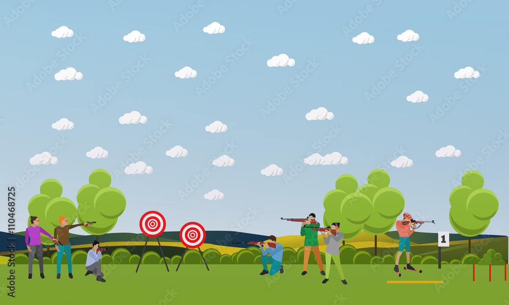 Vector set of sport shooting banner. Competition games. People in shoot positions Vector set of sport shooting banner. Competition games. People in shoot positions