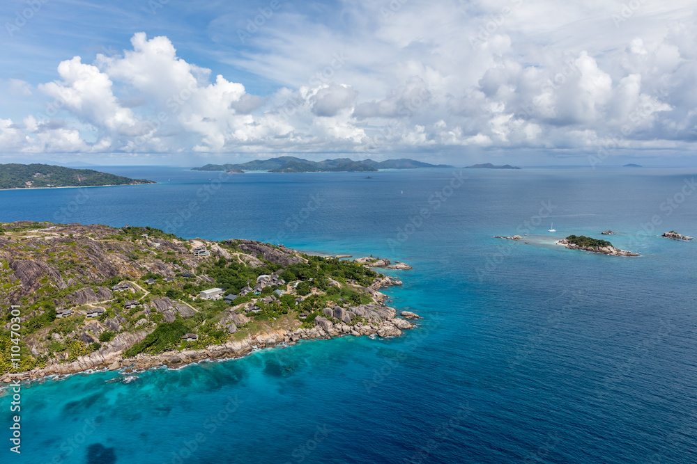 Seychelles, vue aérienne île Félicité, îles Cocos, île de la Digue, île Pralin
