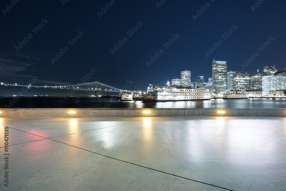 empty marble floor with cityscape and skyline of san francisco