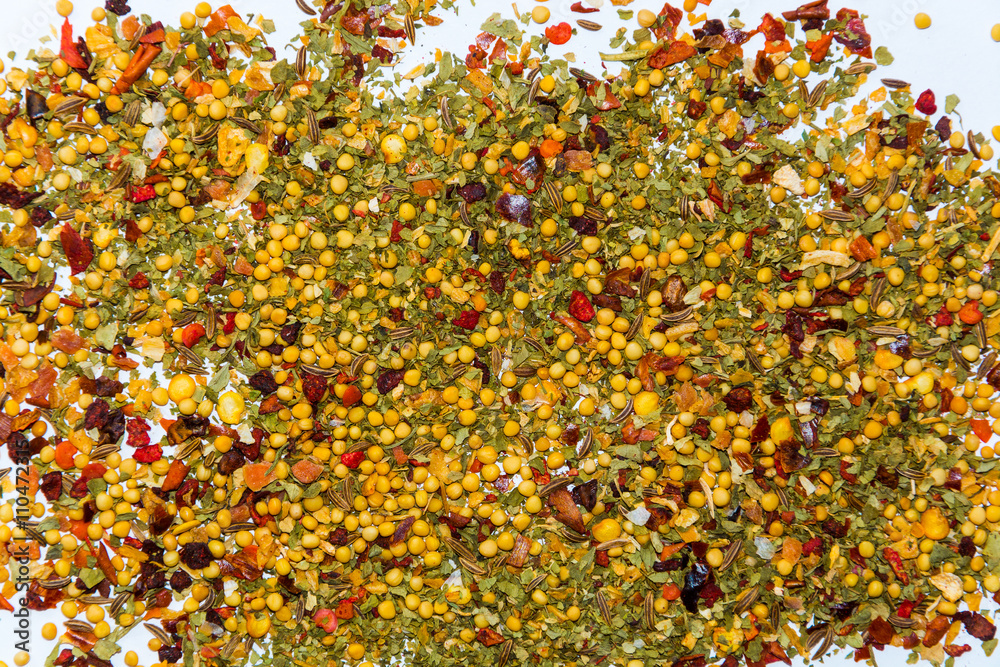 Fototapeta premium sharp spice of red and black pepper, mustard seeds, cumin, green